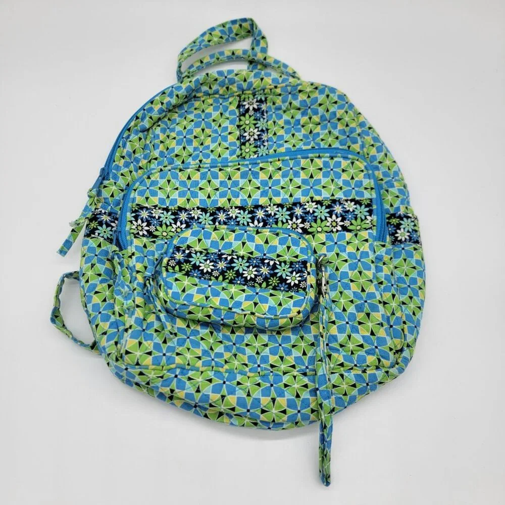 Floral 100% Cotton Backpack Daisy Blue Green Attached Matching Wallet‎